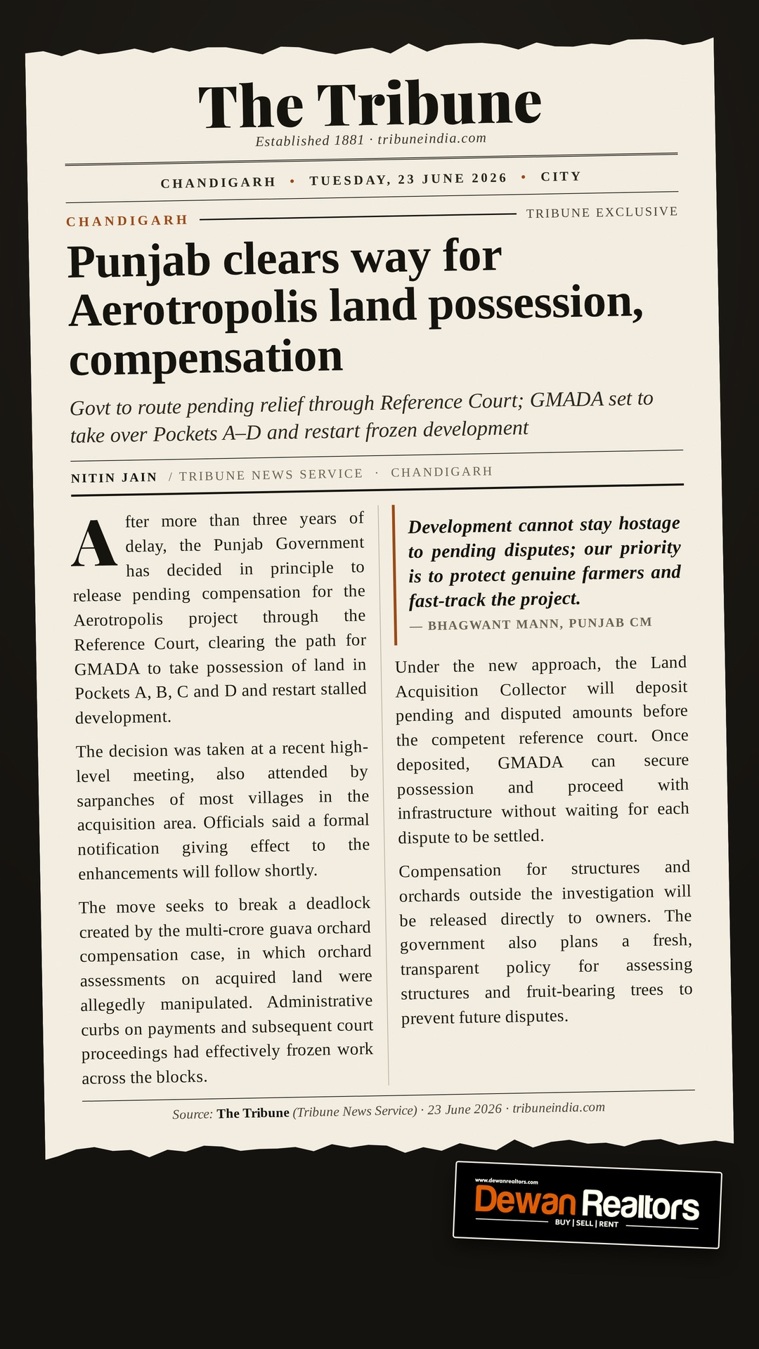 The Tribune report: Punjab clears Aerotropolis land possession and compensation, GMADA to restart development