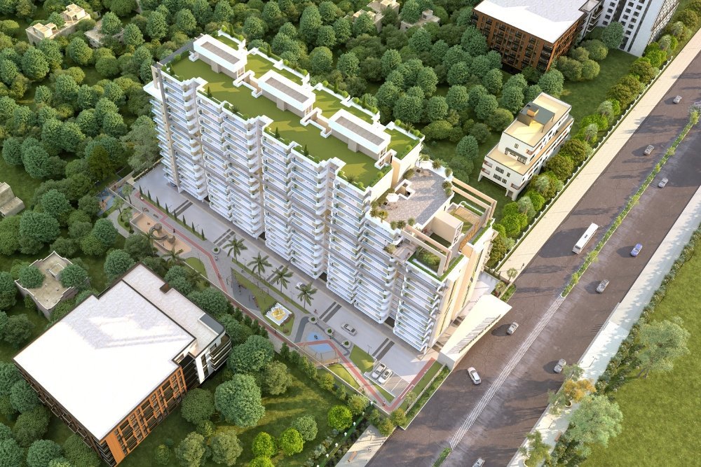 Hermitage Royale — aerial view of the four towers Hermitage Royale