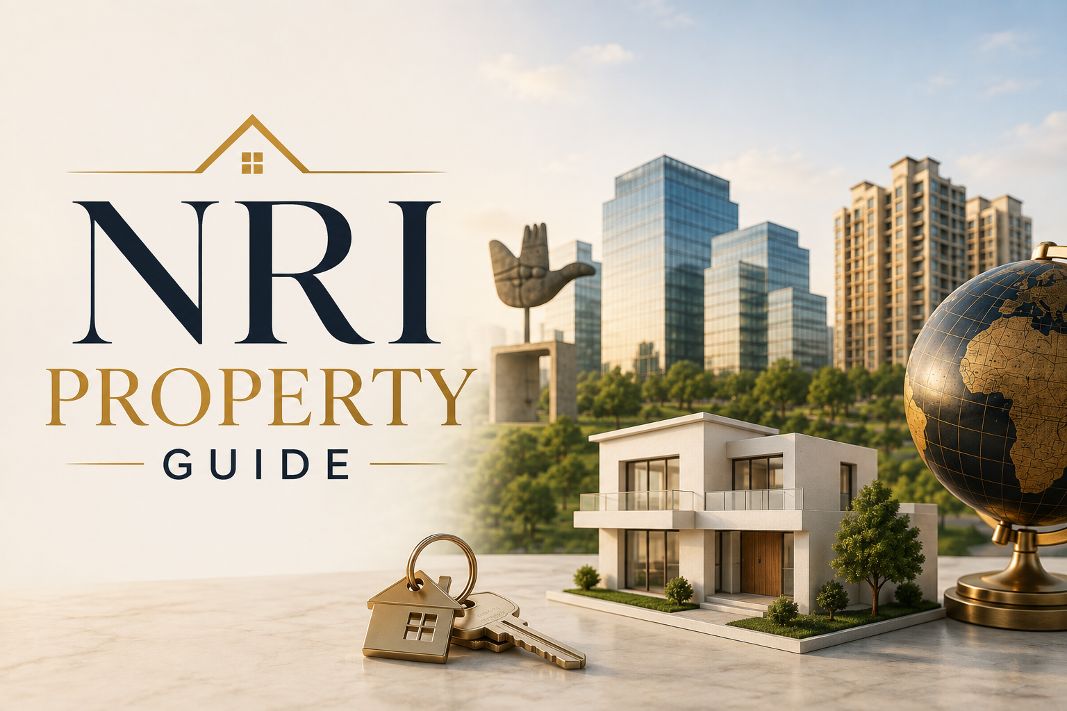 NRI property guide for buying residential property in Chandigarh Tricity, featuring a modern home, keys and city skyline