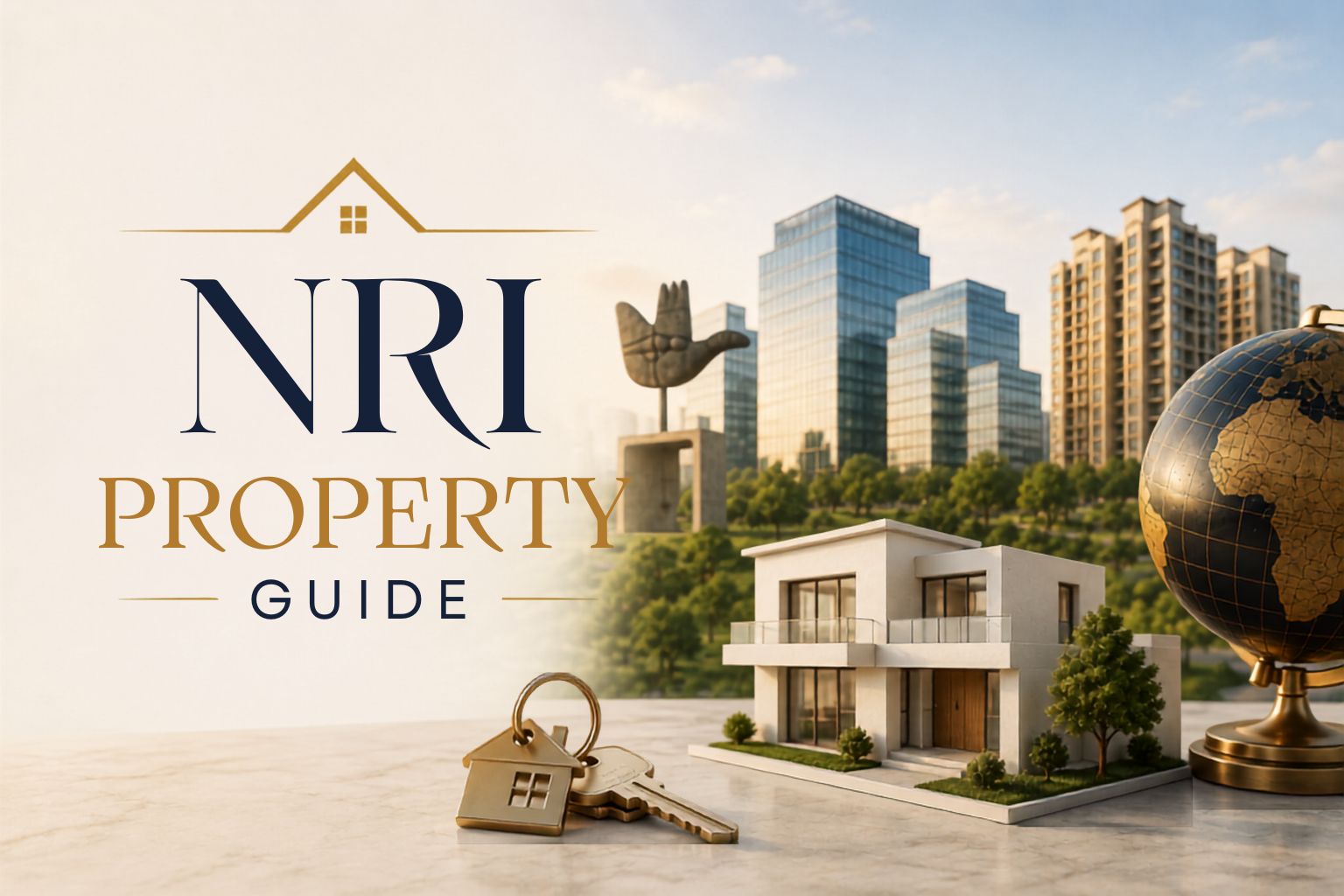 NRI property guide for buying residential property in Chandigarh Tricity, featuring a modern home, keys and city skyline