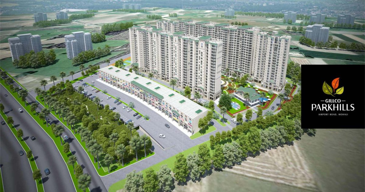 Aerial view of high-rise apartments beside Airport Road in Mohali