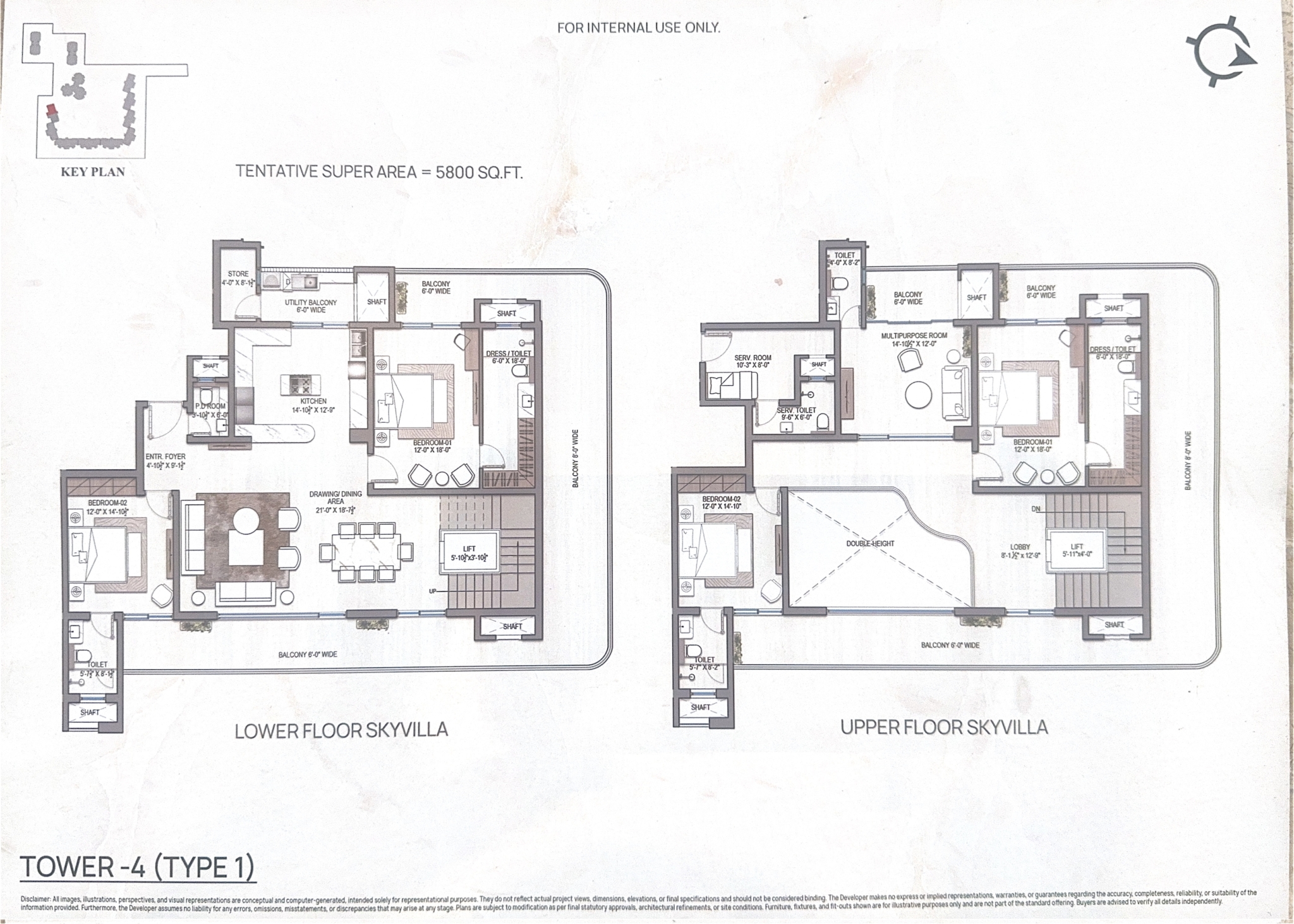 KS One-O-8 Zirakpur Sky Villa duplex floor plan, 5,800 sq ft, lower and upper floor