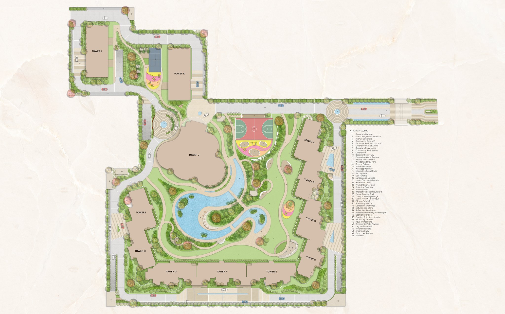 KS One-O-8 Zirakpur site plan with towers A to L around a central lagoon pool and landscaped court