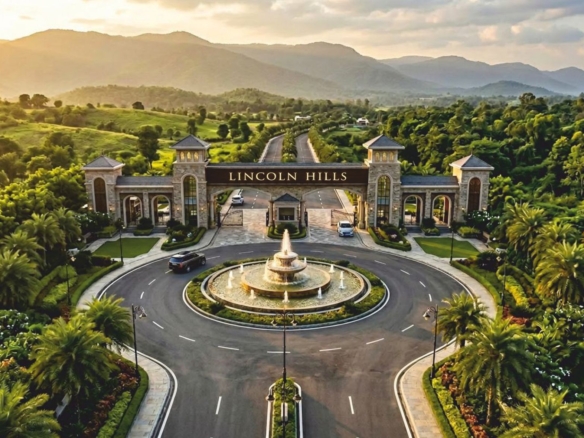 Artist impression of the Lincoln Hills entrance gate and fountain roundabout in the Shivalik foothills, Panchkula Extension