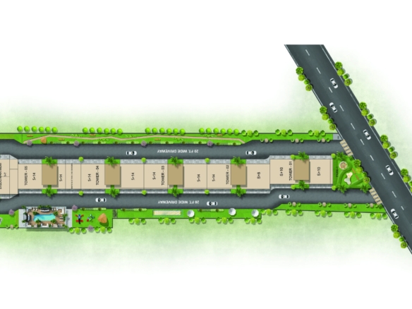 Orchard Grandeur Mohali site plan with five S+14 towers, 20 ft driveway loop, pool deck and park off Airport Road